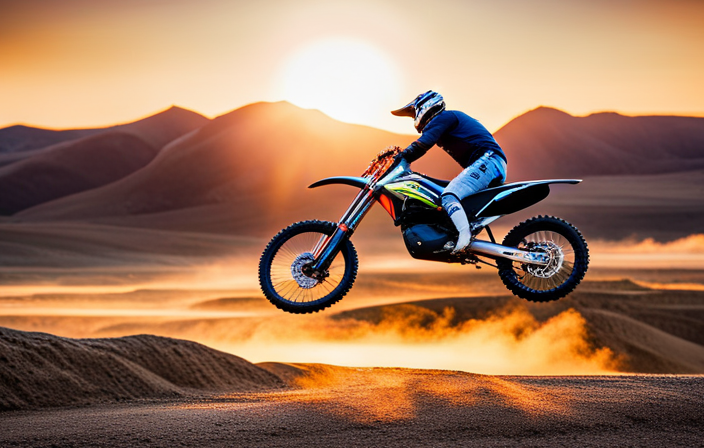 An image showcasing the sleek silhouette of an electric start dirt bike, its vibrant colors standing out against a rugged dirt track