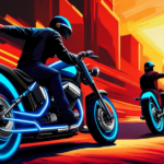 An image showcasing two sleek bikes side by side, one emitting a vibrant blue electric glow, the other exuding a fiery red gasoline aura