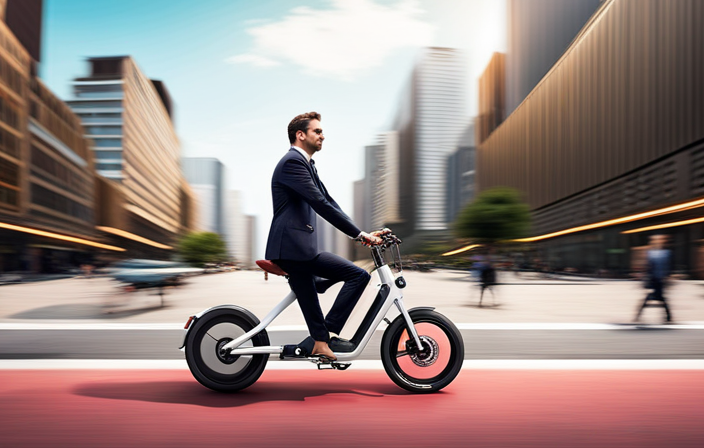 An image showcasing a sleek electric bike gliding effortlessly along a vibrant city street, its rider effortlessly navigating traffic while the bike's battery-powered motor hums quietly, emitting zero emissions