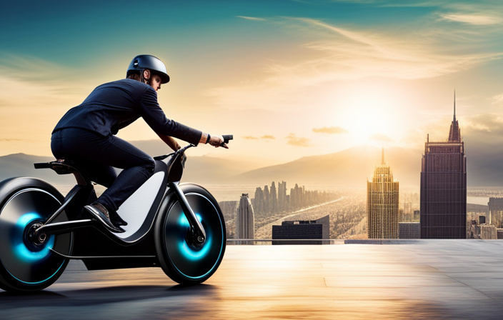 An image showcasing a thrilling race between a sleek electric bike and a high-tech electric skateboard