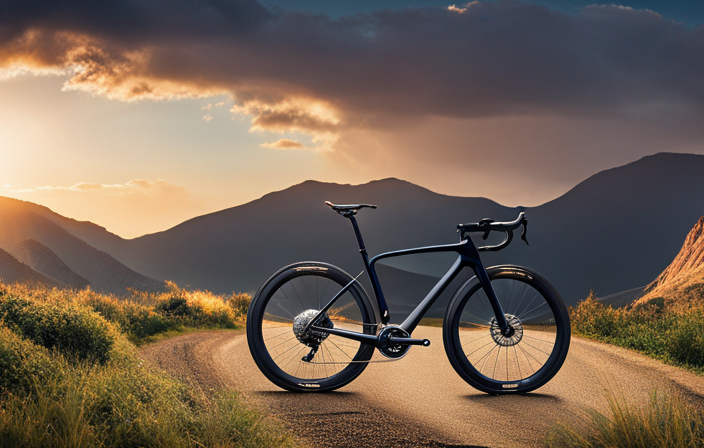 An image showcasing a sleek, aerodynamic Giants gravel bike gliding effortlessly through a rugged, gravel-strewn terrain