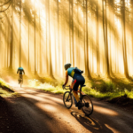 E the exhilarating essence of gravel bike racing: a dynamic shot of cyclists navigating a rugged terrain, dust swirling in the air, their determined expressions illuminated by sunlight peeking through the trees
