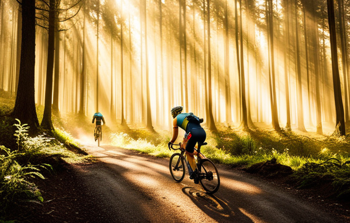 E the exhilarating essence of gravel bike racing: a dynamic shot of cyclists navigating a rugged terrain, dust swirling in the air, their determined expressions illuminated by sunlight peeking through the trees