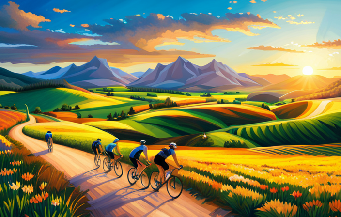 A captivating image showcasing a group of cyclists riding their gravel bikes through a scenic countryside, surrounded by lush green fields, winding gravel roads, and sun-kissed mountains in the distance