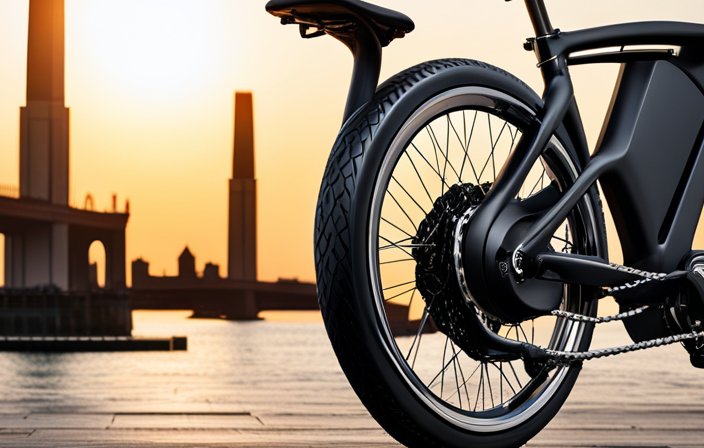 An image showcasing the intricate components of an electric bike wheel, featuring a powerful hub motor, sleek rim, durable spokes, an advanced disc brake system, and a high-capacity battery neatly integrated within the hub