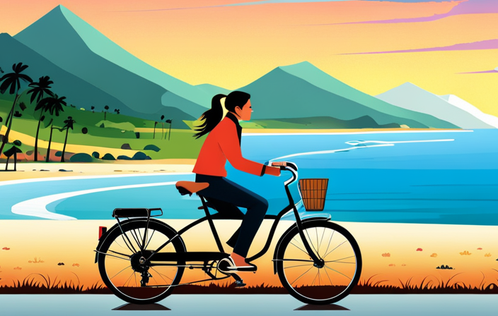 An image showcasing a blissful rider cruising on an electric bike along a picturesque coastal road