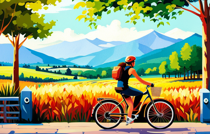 An image capturing the exhilarating sensation of riding an electric bike: a rider effortlessly gliding uphill, wind tousling their hair, a radiant smile illuminating their face, surrounded by lush greenery and a vibrant blue sky