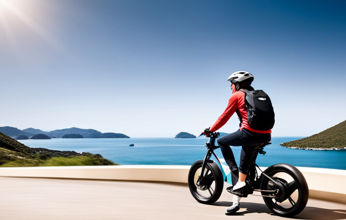 An image capturing a person wearing a helmet, with a confident smile, effortlessly gliding on an electric bike along a scenic coastal road