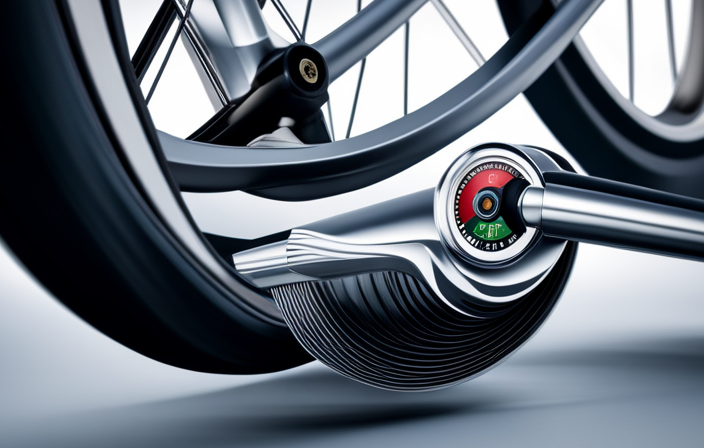 An image showing a close-up of a 20 inch electric bike tire, with a pressure gauge attached to it