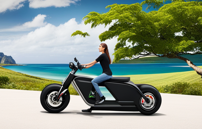 An image of a sleek electric bike gliding along a scenic coastal road, with the rider effortlessly cruising past lush green hills and vibrant wildflowers, showcasing the impressive range of an electric bike's battery power
