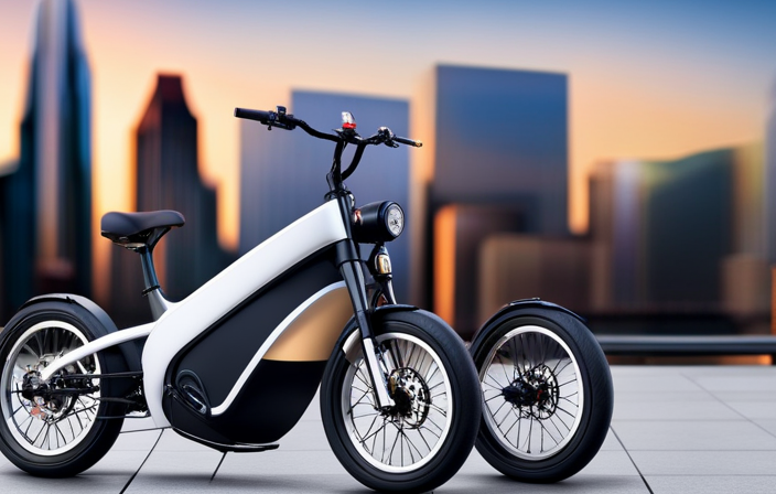 An image showcasing a sleek and modern electric bike parked on a bustling city street