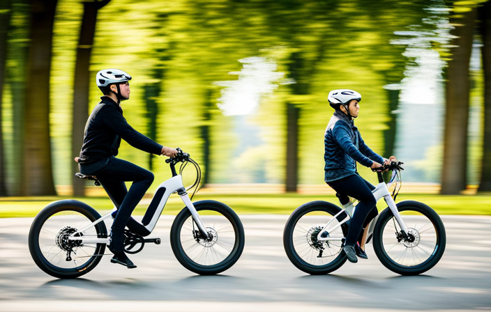 An image showcasing a sleek electric bike gliding effortlessly on a scenic, tree-lined path