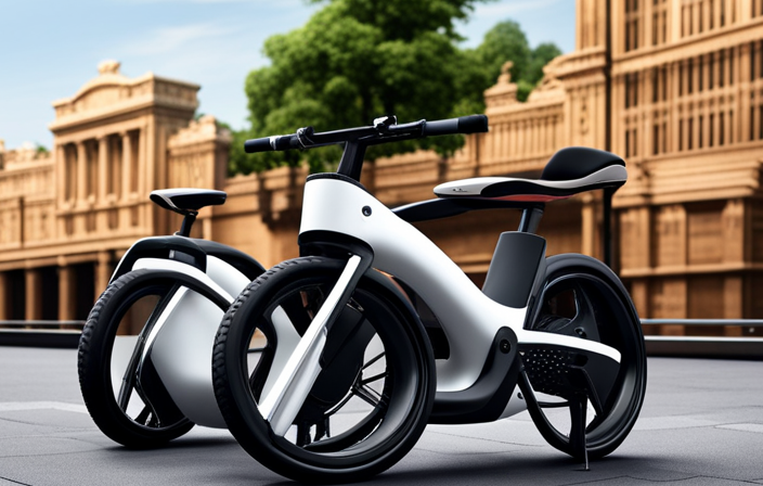 An image showcasing a sleek, modern electric bike in a vibrant urban setting, with a rider effortlessly gliding along the road