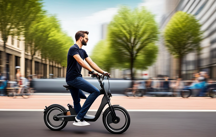 An image showcasing a sleek, modern electric bike with a lightweight frame, powered by a compact battery, effortlessly gliding through a scenic urban landscape, surrounded by vibrant green parks and bustling city streets