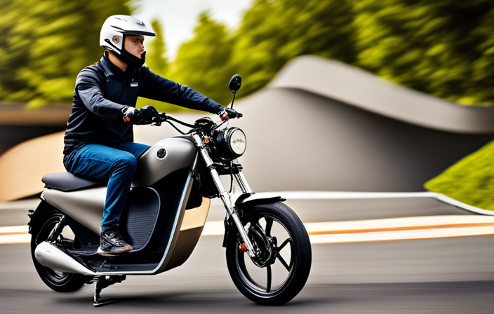 An image depicting a close-up shot of a sleek electric bike moped, highlighting its powerful battery
