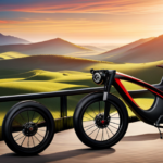 An image showcasing a close-up shot of a sleek, high-performance electric bike with a matte black frame and vibrant red accents, gliding effortlessly through a picturesque countryside landscape