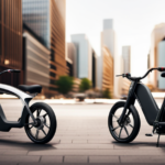 An image showcasing a bustling city street, with a sleek and modern electric bike parked in the foreground