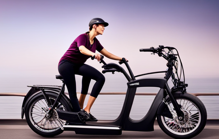 An image featuring a serene senior effortlessly cruising on an electric bike with a comfortable, wide seat, ergonomic handlebars, and a sturdy frame designed for stability and safety, all surrounded by picturesque scenery