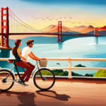 An image showcasing a sleek electric bike gliding along California's breathtaking coastline, with the iconic Golden Gate Bridge in the background, perfectly capturing the essence of the best electric bike for the state