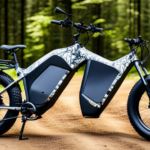 An image showcasing a rugged, camouflaged electric bike parked amidst a dense forest