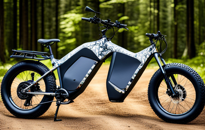 An image showcasing a rugged, camouflaged electric bike parked amidst a dense forest