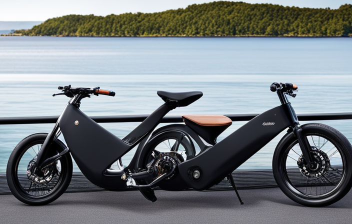 An image showcasing a sleek, modern electric bike gliding effortlessly along a scenic coastal road in the UK