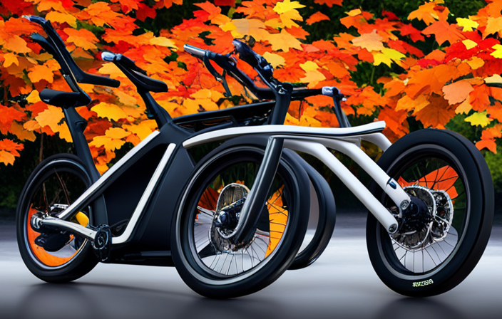 An image showcasing a sleek electric bike atop a scenic mountain trail, with vibrant autumn foliage in the background