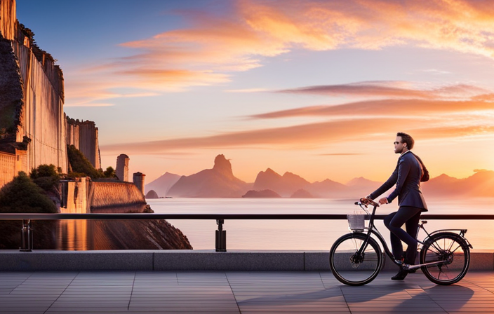 An image showcasing a sleek, powerful electric bike gliding effortlessly through picturesque landscapes