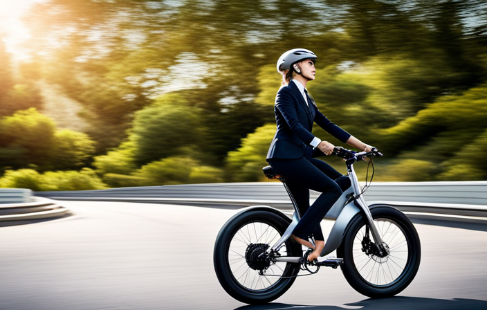 An image showcasing a sleek electric bike in motion, effortlessly gliding through a scenic countryside trail
