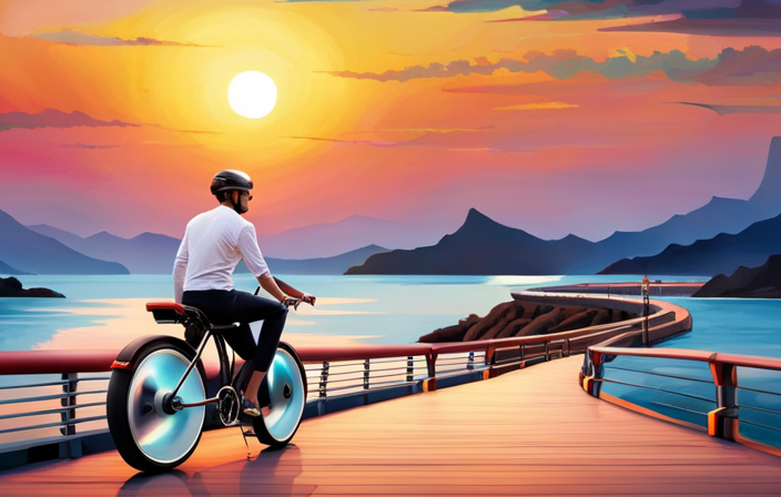 An image showcasing a sleek, futuristic electric bike gliding effortlessly on a serene coastal road, with a panoramic backdrop of majestic mountains and a vibrant sunset casting a warm glow on the horizon