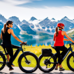 An image showcasing a picturesque Canadian landscape with a cyclist effortlessly gliding along a scenic mountain trail, riding a top-of-the-line electric bike