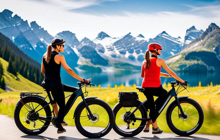 An image showcasing a picturesque Canadian landscape with a cyclist effortlessly gliding along a scenic mountain trail, riding a top-of-the-line electric bike