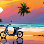 An image showcasing a sleek electric bike gliding effortlessly along a pristine beach in Florida, with vibrant palm trees swaying in the background and the sun casting a golden glow on the sandy shore