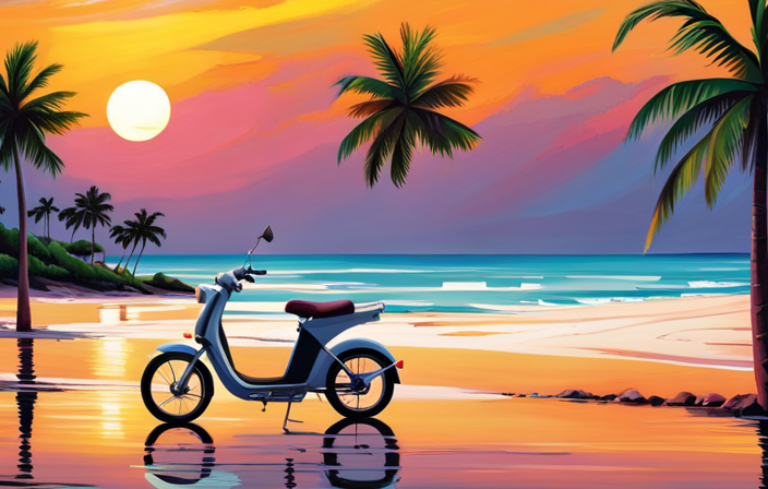 An image showcasing a sleek electric bike gliding effortlessly along a pristine beach in Florida, with vibrant palm trees swaying in the background and the sun casting a golden glow on the sandy shore