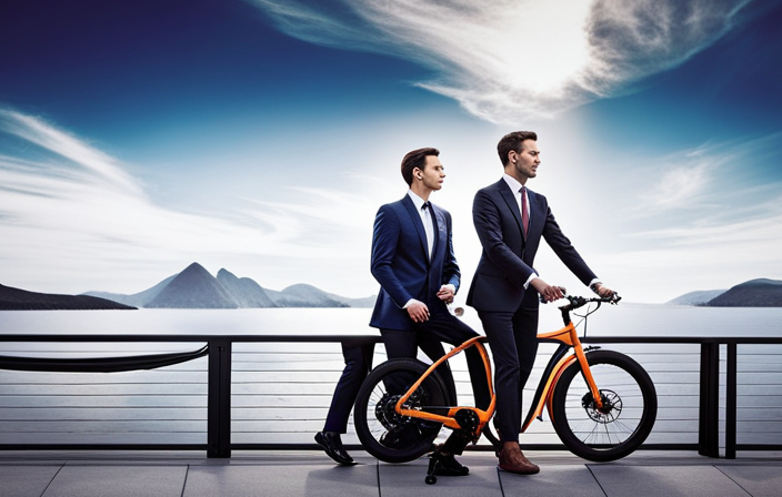 An image showcasing a sleek, lightweight electric bike with a sturdy frame, equipped with powerful disc brakes and a responsive suspension system