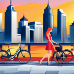 An image showcasing an array of sleek electric bikes lined up against a vibrant city backdrop