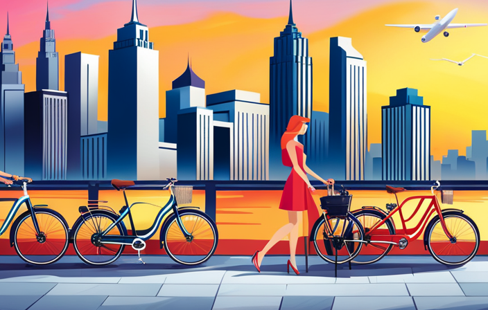 An image showcasing an array of sleek electric bikes lined up against a vibrant city backdrop