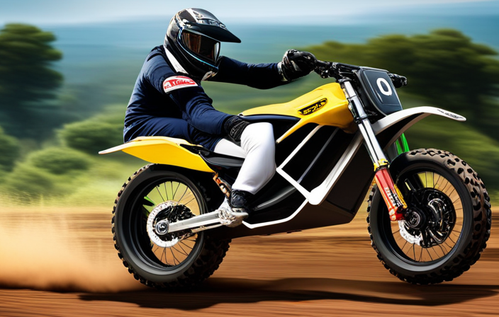 An image showcasing a sleek, powerful electric dirt bike tearing through a muddy trail, with a rider clad in protective gear, displaying exhilaration and skill, capturing the essence of the best electric dirt bike
