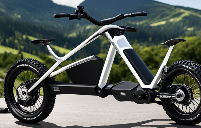 An image that showcases a sleek electric downhill bike effortlessly gliding down a steep mountain trail, with its powerful motor and sturdy suspension system perfectly equipped for thrilling descents