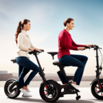 An image of a sleek, compact electric folding bike with a sturdy frame, adjustable seat and handlebars, integrated LED lights, and a powerful motor, effortlessly gliding through a bustling cityscape