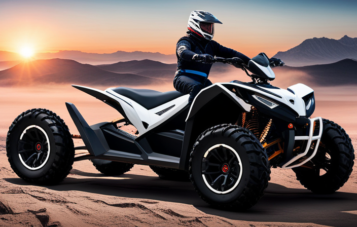 An image showcasing a sleek, futuristic electric quad bike effortlessly maneuvering through rugged terrains