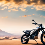 An image showcasing a sleek, cutting-edge electric start dirt bike against a backdrop of rugged terrain