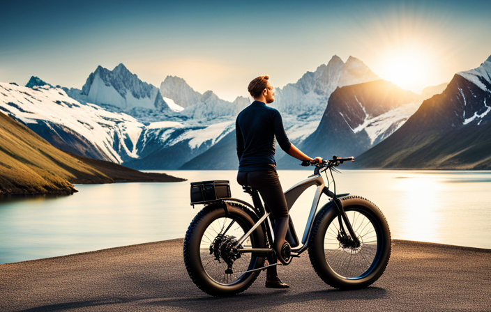 An image that showcases a sleek, high-performance fat tire electric bike gliding effortlessly through a rugged mountain trail