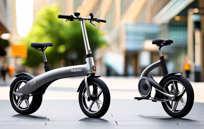 An image showcasing a sleek, modern foldable electric bike in action, effortlessly gliding through a bustling city street
