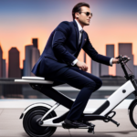 An image showcasing a sleek, compact folding electric bike gliding effortlessly through a bustling cityscape