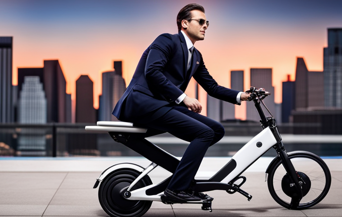 An image showcasing a sleek, compact folding electric bike gliding effortlessly through a bustling cityscape