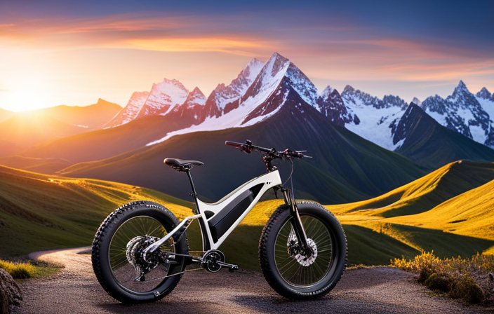 An image showcasing a powerful off-road electric bike conquering a rugged mountain trail, with its sturdy frame, chunky tires, full suspension, and a cyclist confidently maneuvering through challenging terrain