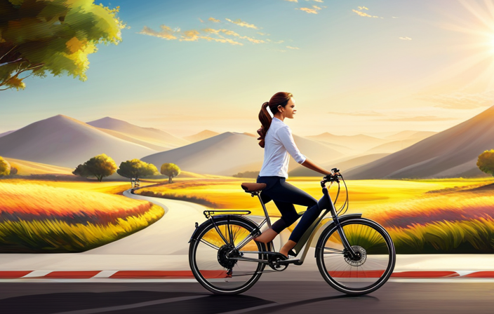 An image showcasing a sleek, modern electric bike against a backdrop of rolling hills, with a rider effortlessly gliding along a scenic bike path