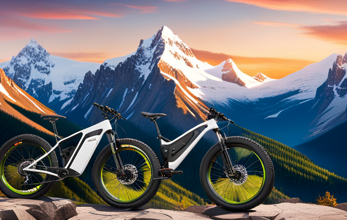 An image showcasing a striking electric mountain bike, set against a breathtaking backdrop of rugged mountains