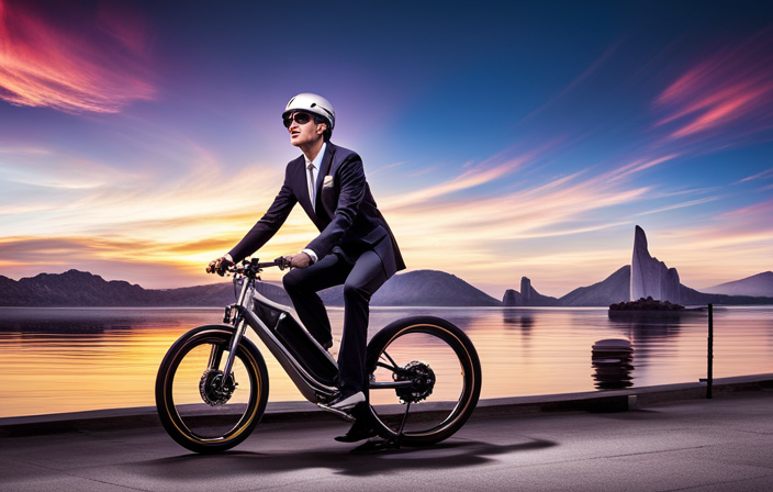 An image of a powerful electric bike cruising effortlessly up a steep hill, its motor emitting a vibrant glow